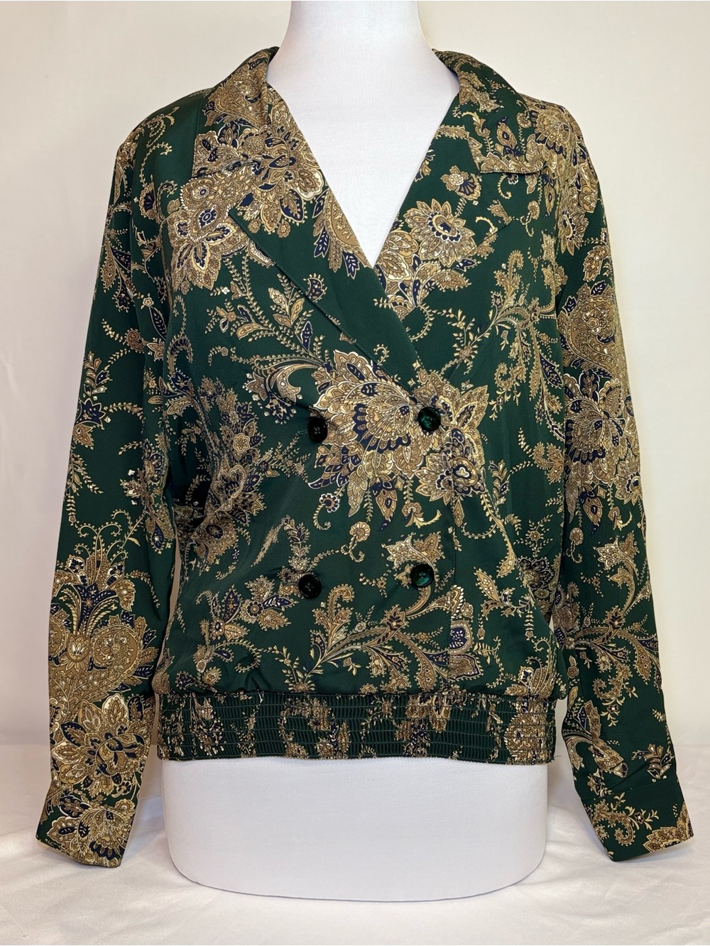 Vintage Alfred Dunner Green Paisley Print Blouse with Gold Accents